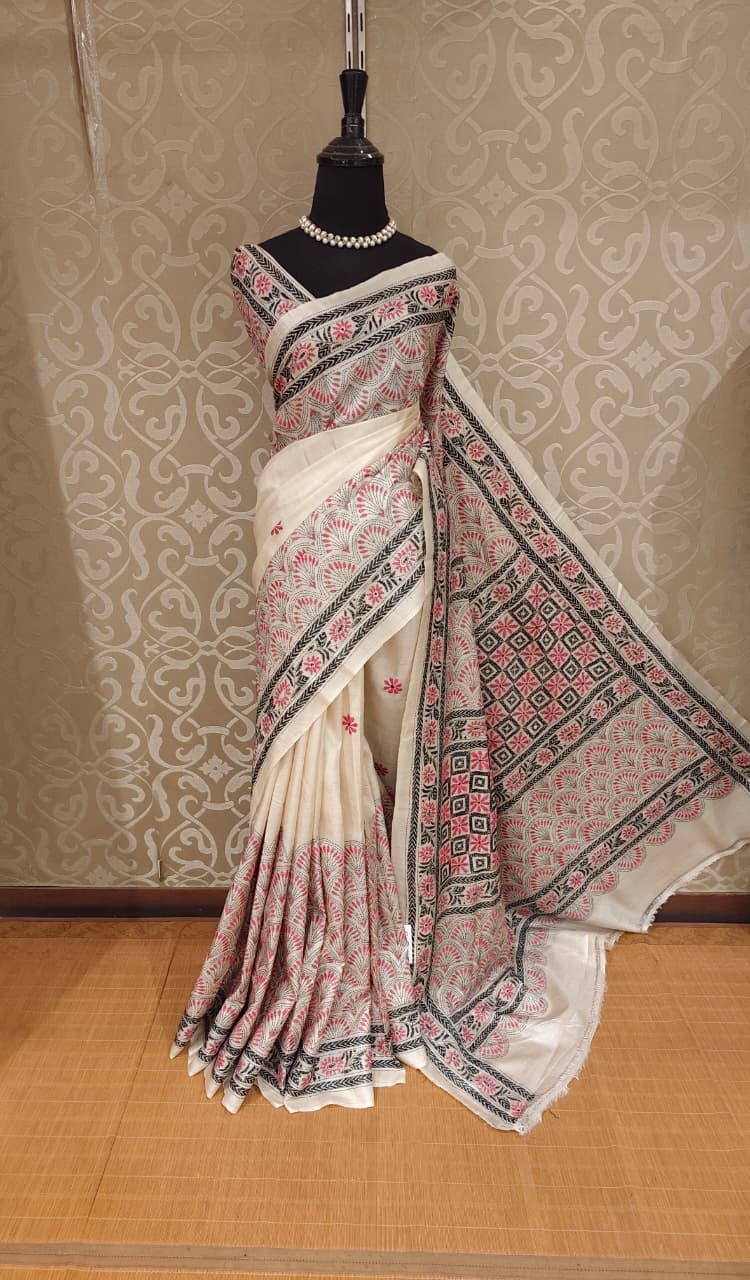 Beige Tussar Embroidery Saree With Kantha Work Border, With Unstitched Blouse
