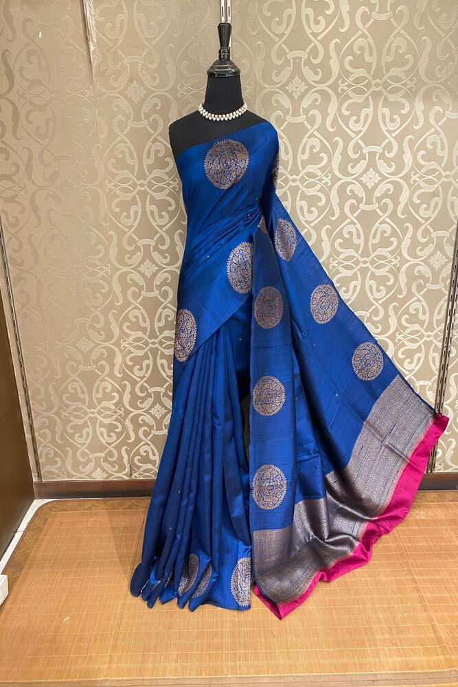 Royal Blue Pure Raw Tussar Banarasi Silk Saree, Hand Woven Motifs With Unstiched Blouse