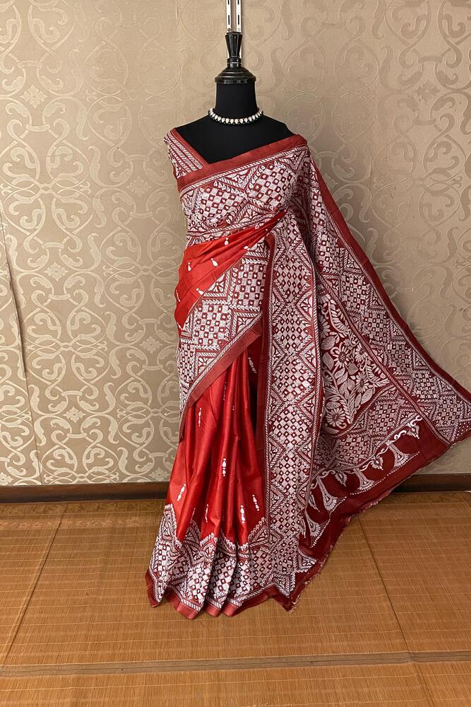 Red Tussar Embroidery Saree With Kantha Work Border, With Unstitched Blouse