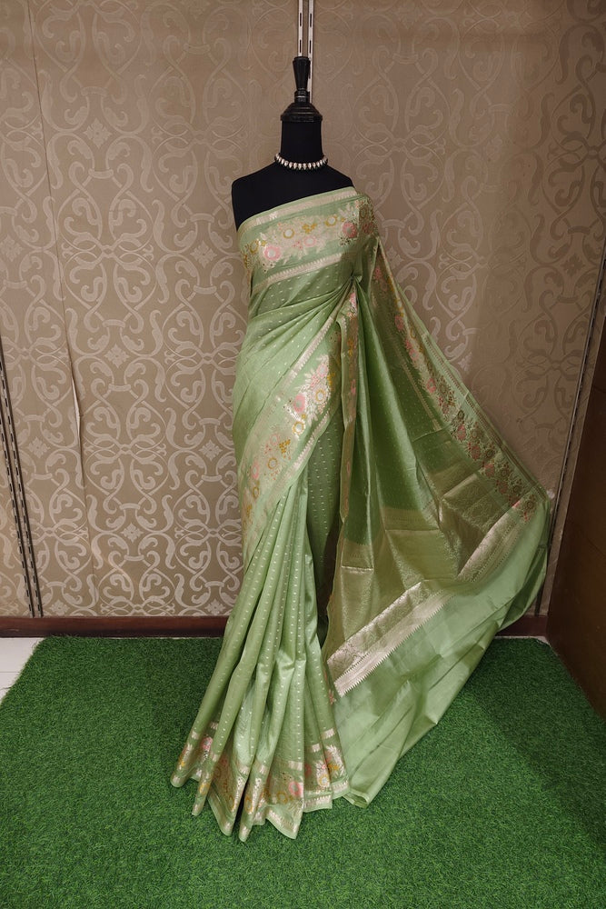 Pista Green Chiniya Silk Saree Hand Woven Butas, With Unstiched Blouse