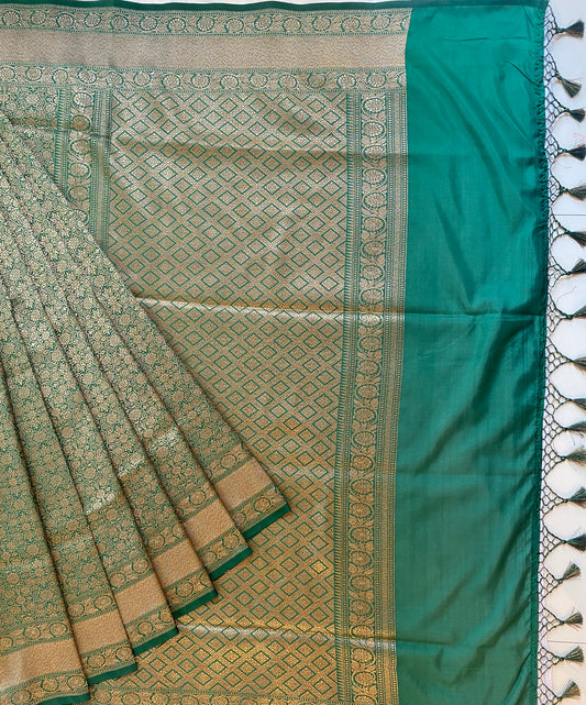 Deep Green Semi Katan Brocade Silk Saree, With Unstiched Blouse