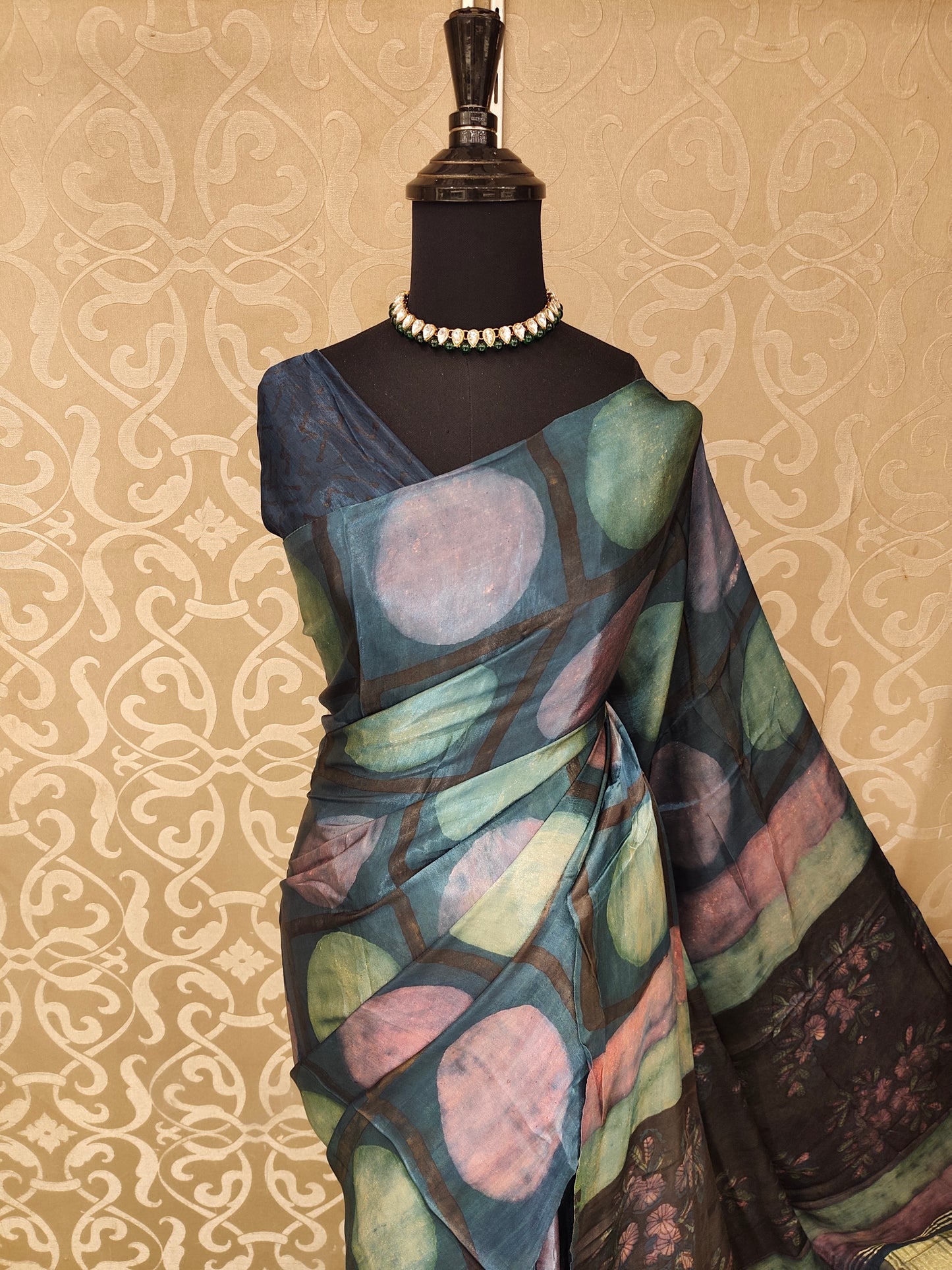 Multi Pure Modal Silk Ajrakh Printed Saree With Unstich Blouse
