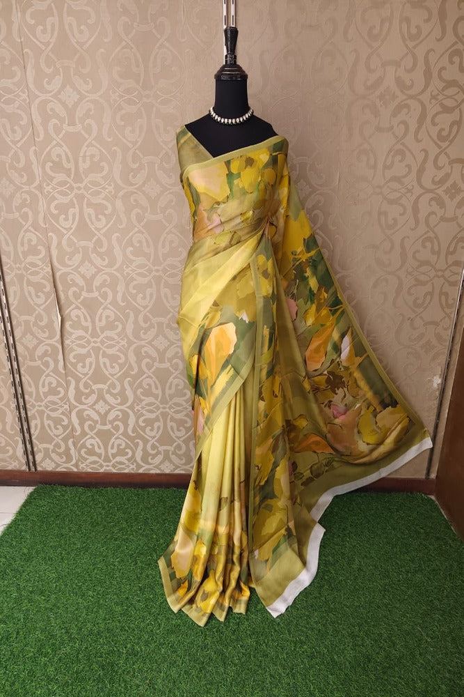 Lime Yellow & Multi Floral Printed Satin Crepe Saree, With Unstiched Blouse