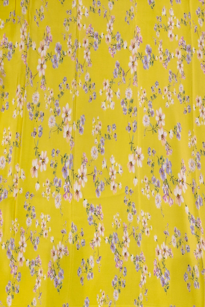 Yellow Floral Printed Chiffon Saree, With Unstiched Blouse Piece