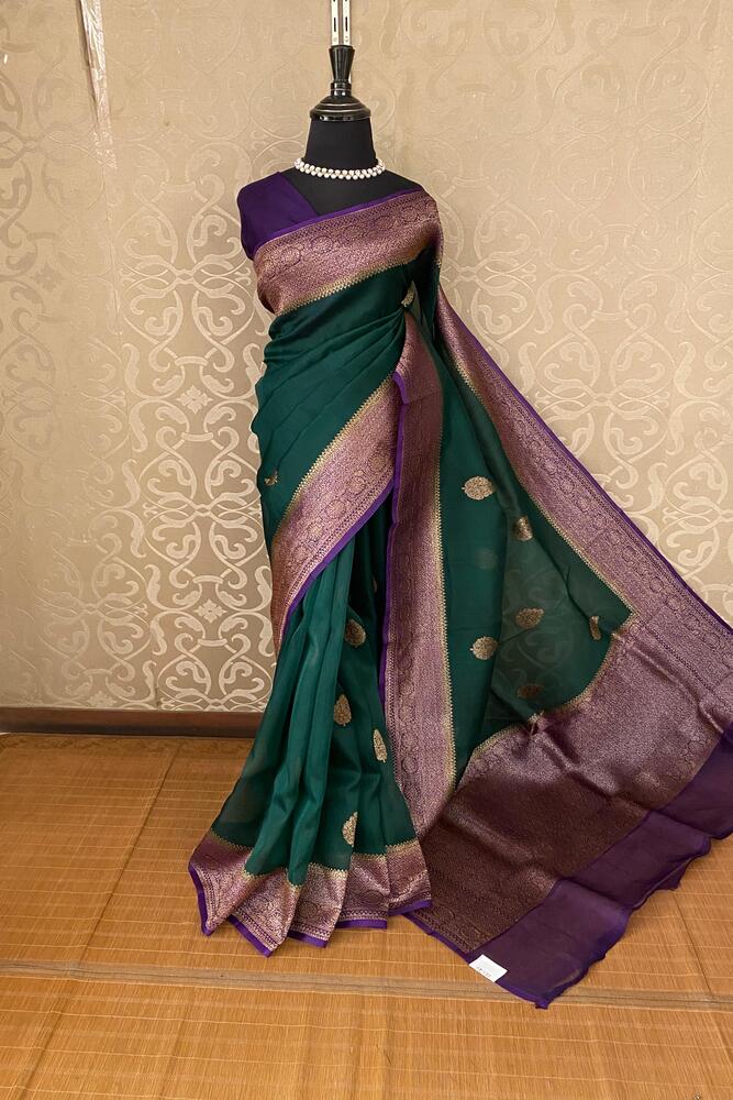 Deep Green Kora Banarasi Silk Saree, With Unstiched Blouse