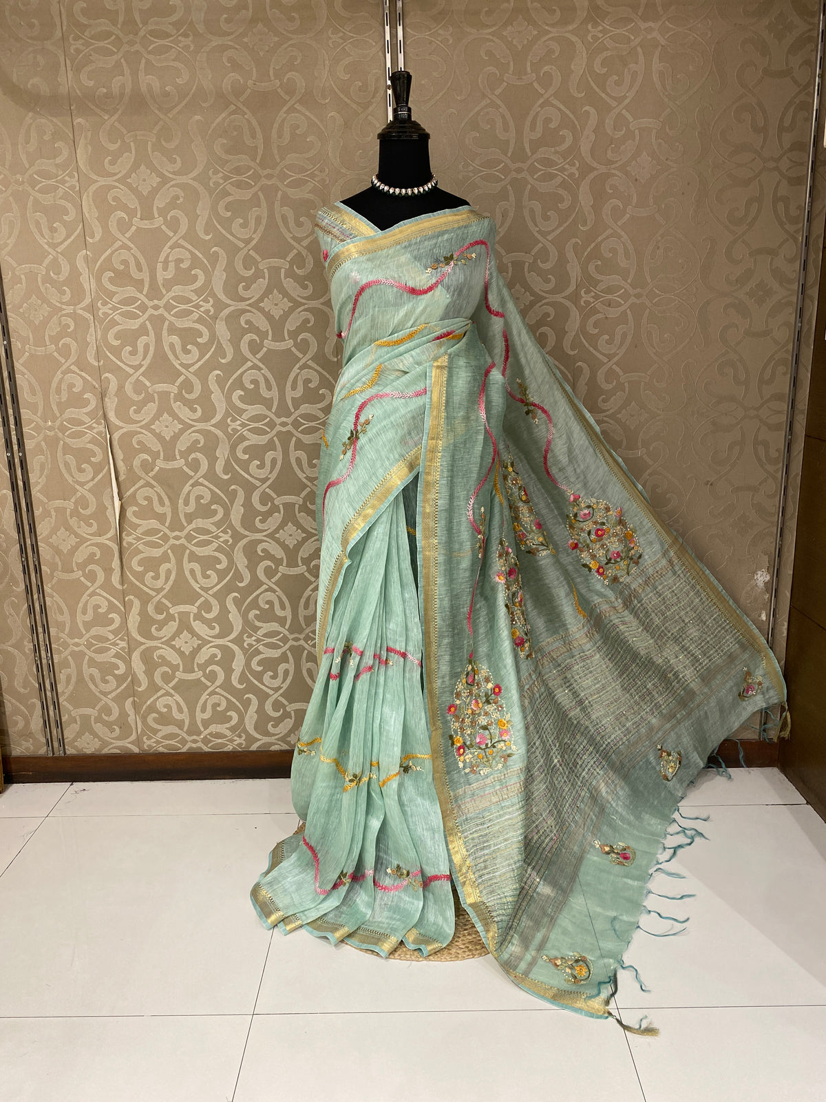 Sea Green Linen Silk Saree Hand Embroidered Work, With Unstiched Blouse