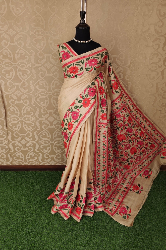Off-White Tussar Embroidery Saree With Kantha Work Border, With Unstitched Blouse