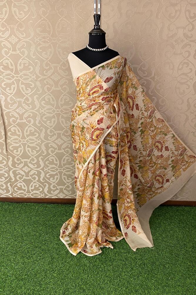 Off-White Floral Printed Chiffon Saree, With Unstiched Blouse Piece