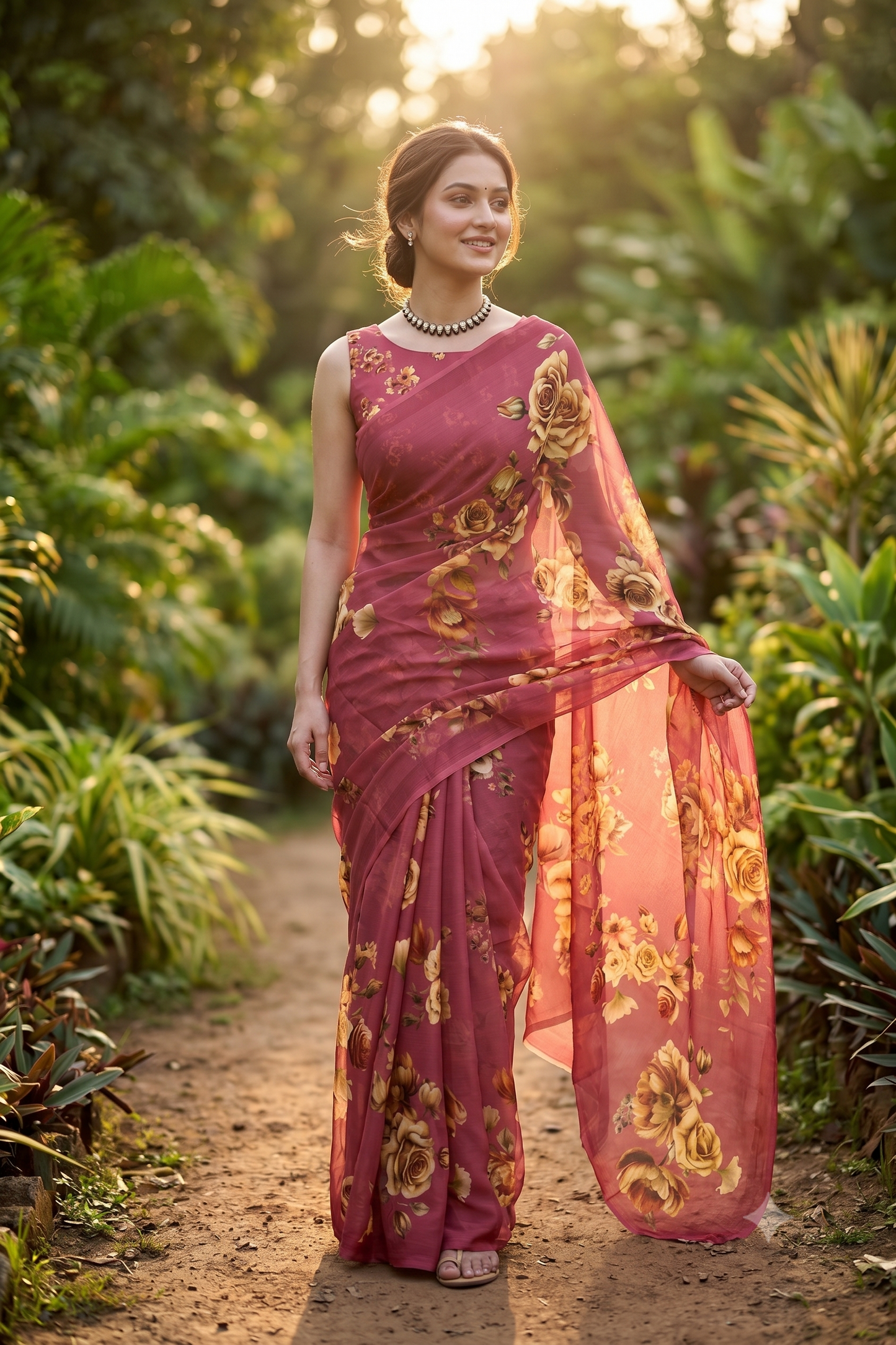 Maroon Floral Printed Chiffon Saree, With Unstiched Blouse Piece