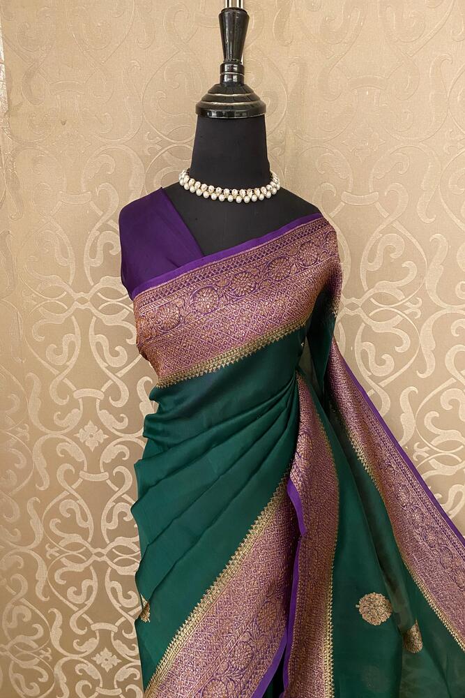 Deep Green Kora Banarasi Silk Saree, With Unstiched Blouse