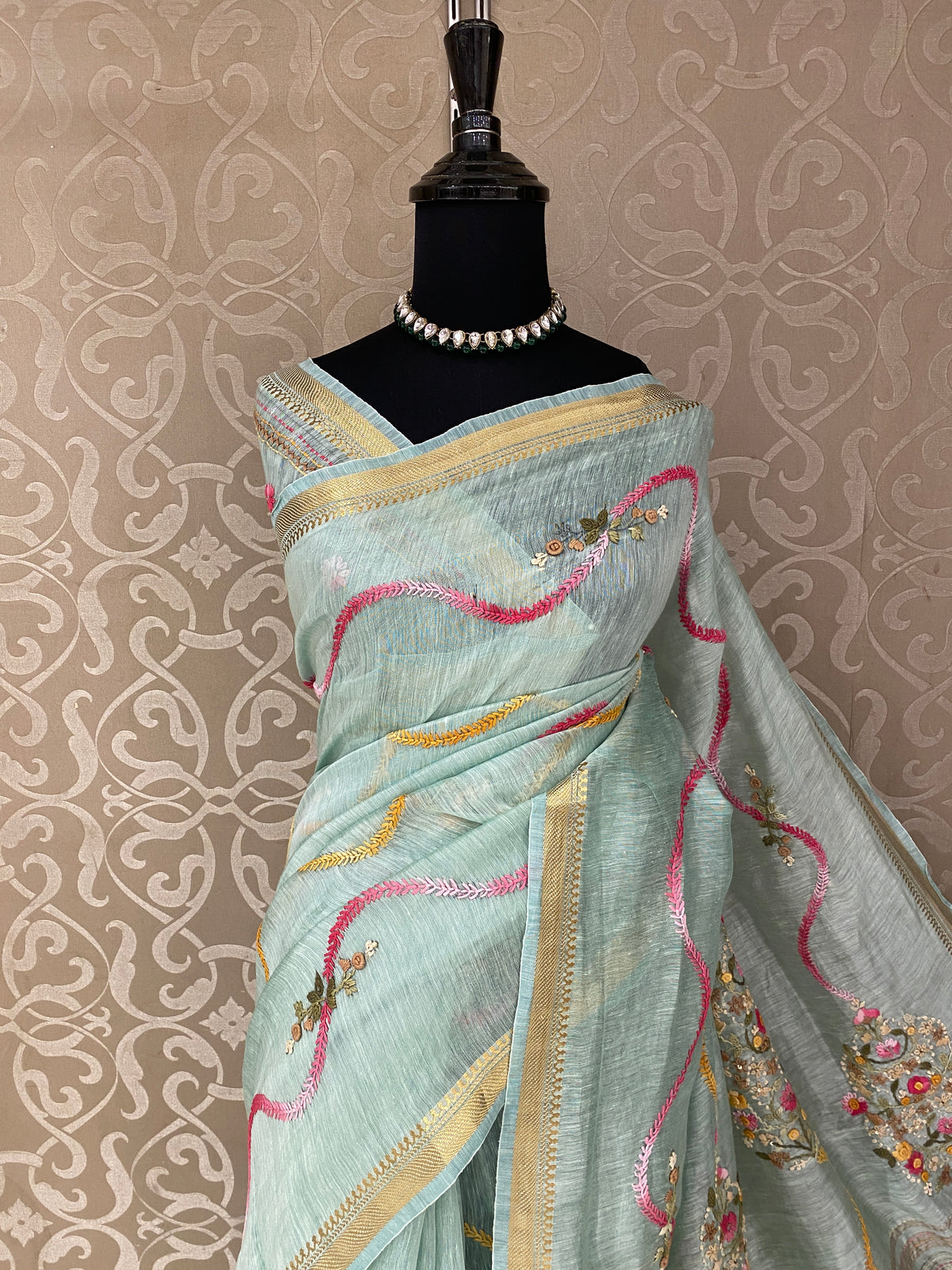 Sea Green Linen Silk Saree Hand Embroidered Work, With Unstiched Blouse
