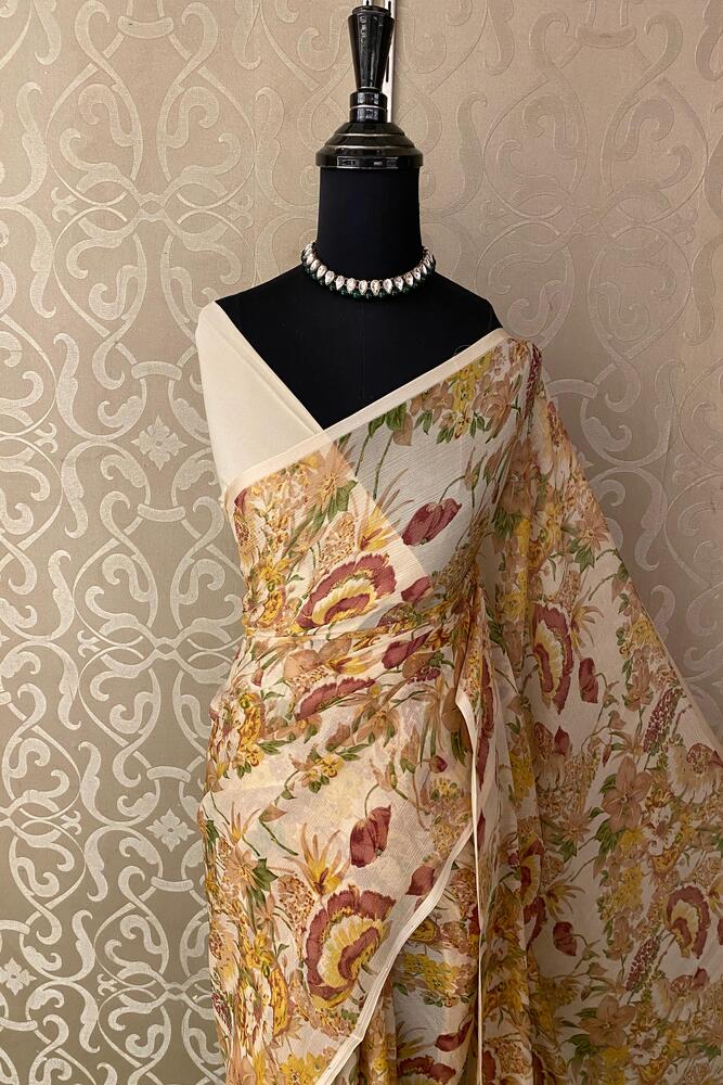 Off-White Floral Printed Chiffon Saree, With Unstiched Blouse Piece