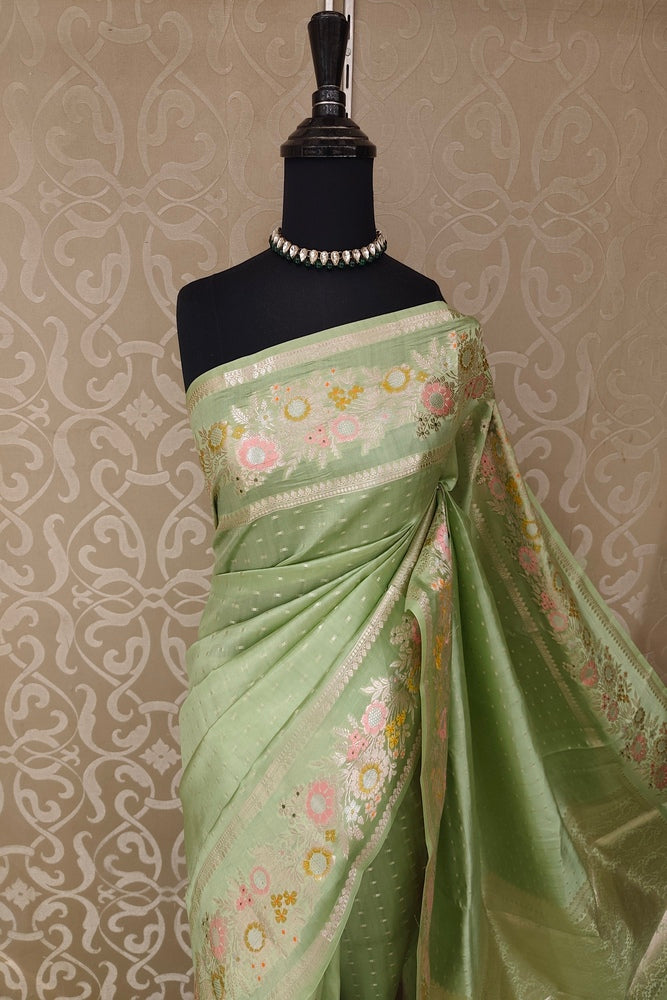 Pista Green Chiniya Silk Saree Hand Woven Butas, With Unstiched Blouse
