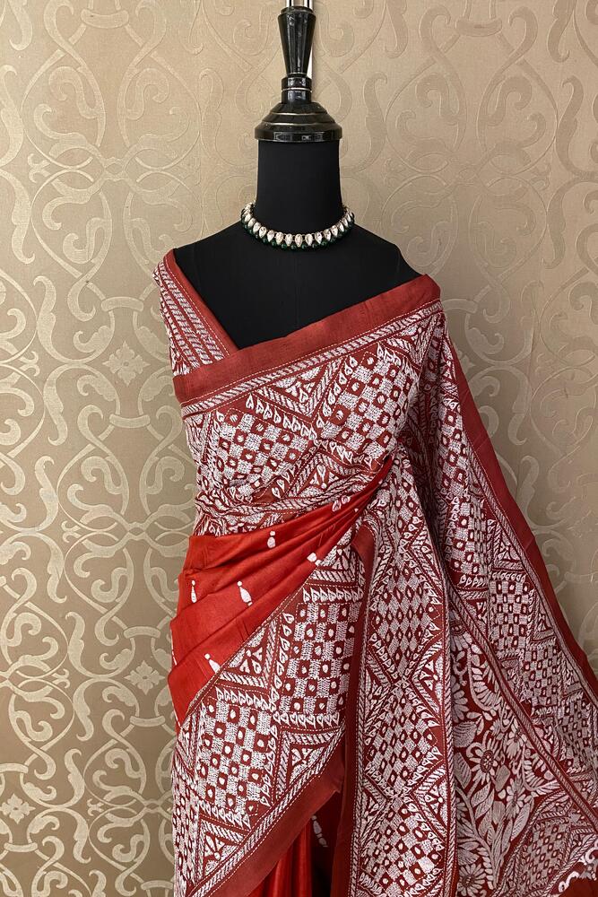 Red Tussar Embroidery Saree With Kantha Work Border, With Unstitched Blouse