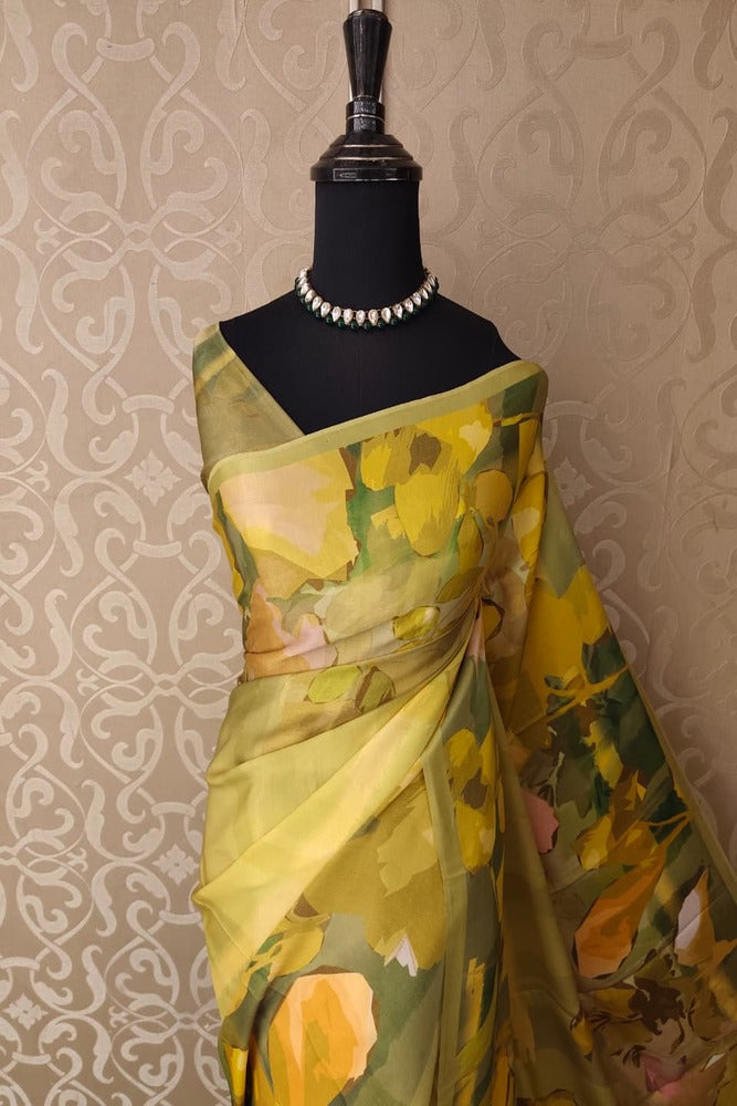 Lime Yellow & Multi Floral Printed Satin Crepe Saree, With Unstiched Blouse