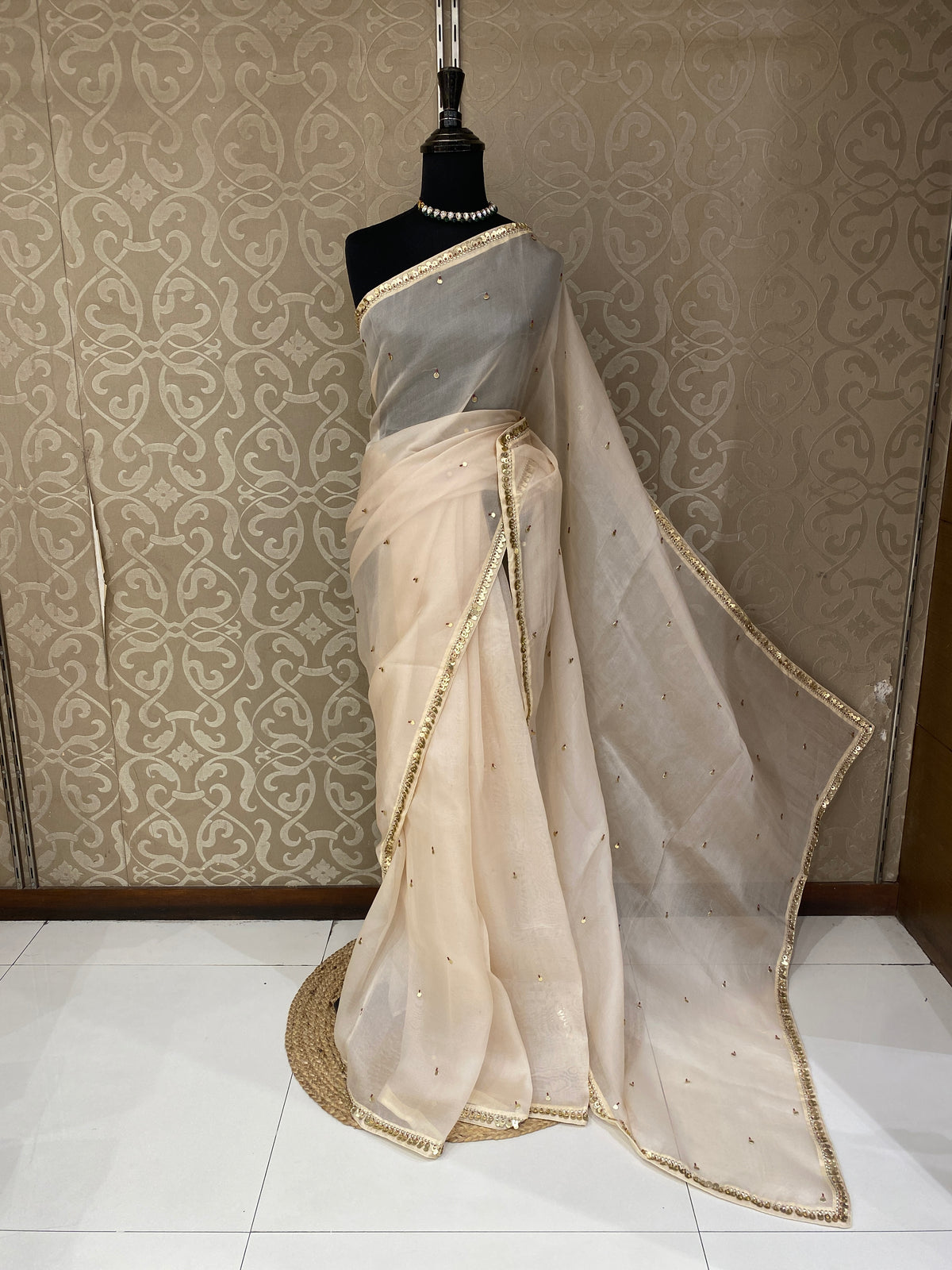 Off-White Organza Silk Embroidery Saree, With Unstiched Blouse