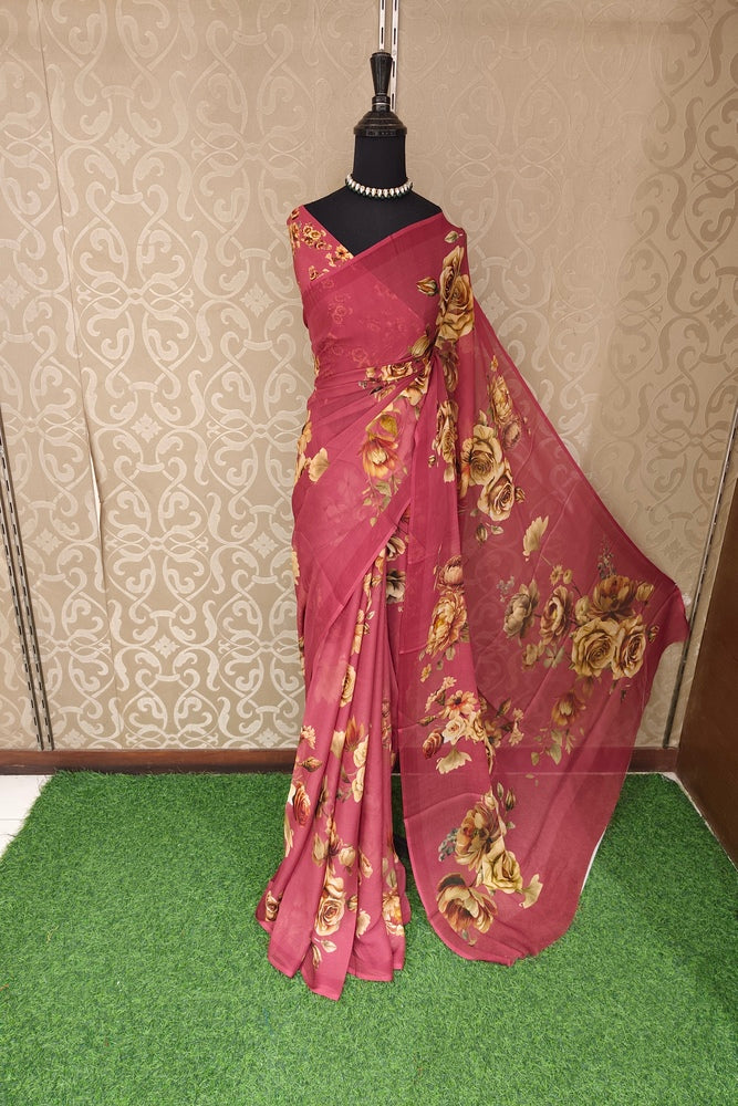 Maroon Floral Printed Chiffon Saree, With Unstiched Blouse Piece