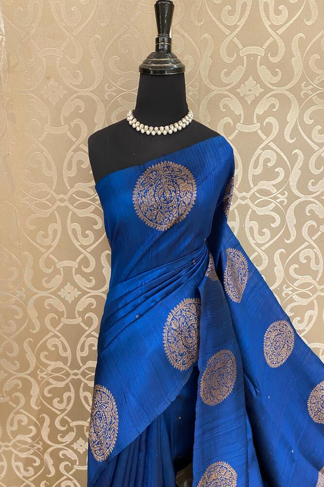 Royal Blue Pure Raw Tussar Banarasi Silk Saree, Hand Woven Motifs With Unstiched Blouse