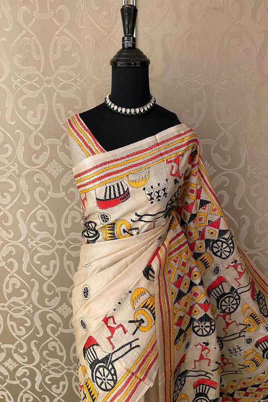 Beige Tussar embroidery saree with Kantha work border and unstitched blouse, traditional wear by Saarang Sarees.