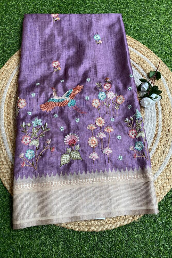 Purple Tussar Cotton Resham Work Saree, With Unstiched Blouse