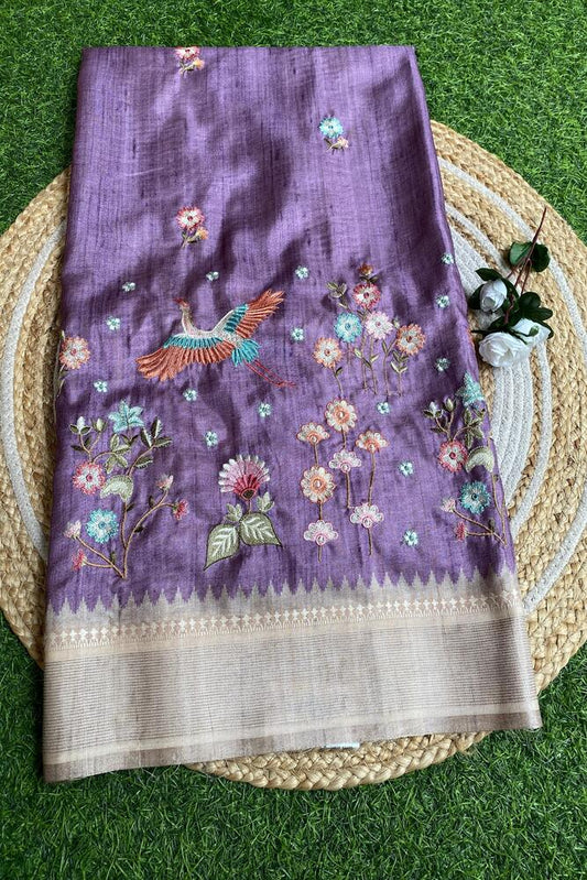 Purple Tussar Cotton Resham Work Saree, With Unstiched Blouse