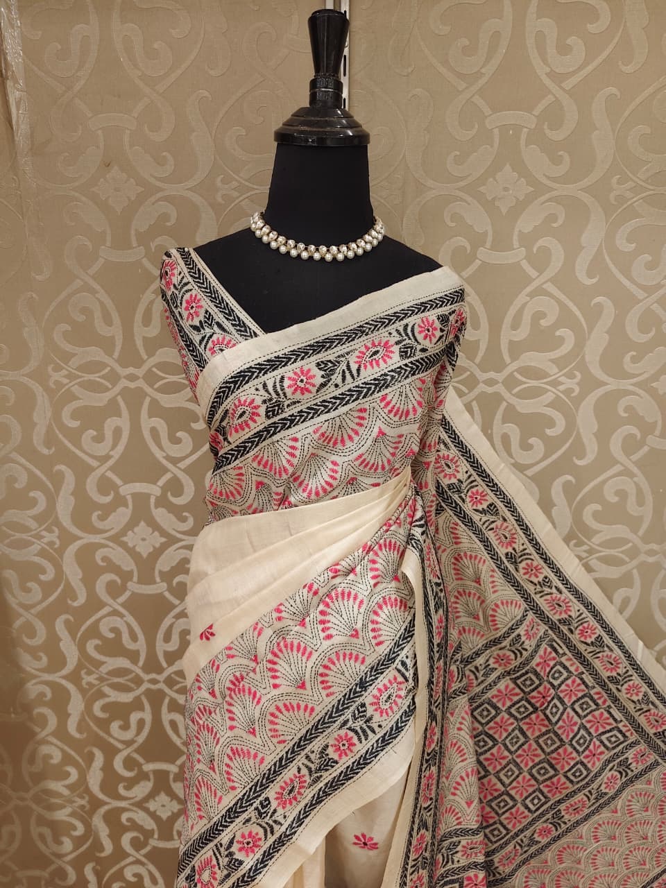 Beige Tussar Embroidery Saree With Kantha Work Border, With Unstitched Blouse