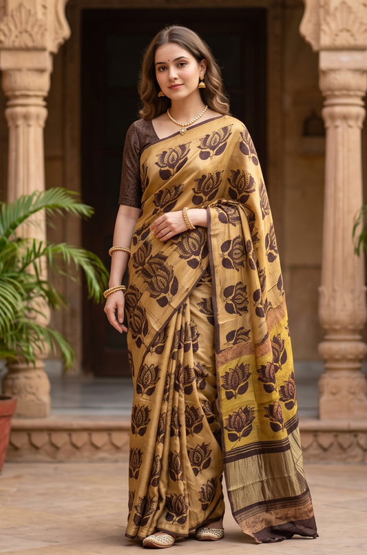 Beige Pure Modal Silk Ajrakh Printed Saree With Unstich Blouse