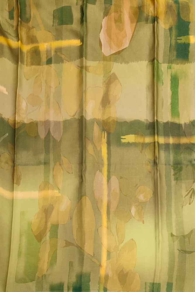 Lime Yellow & Multi Floral Printed Satin Crepe Saree, With Unstiched Blouse
