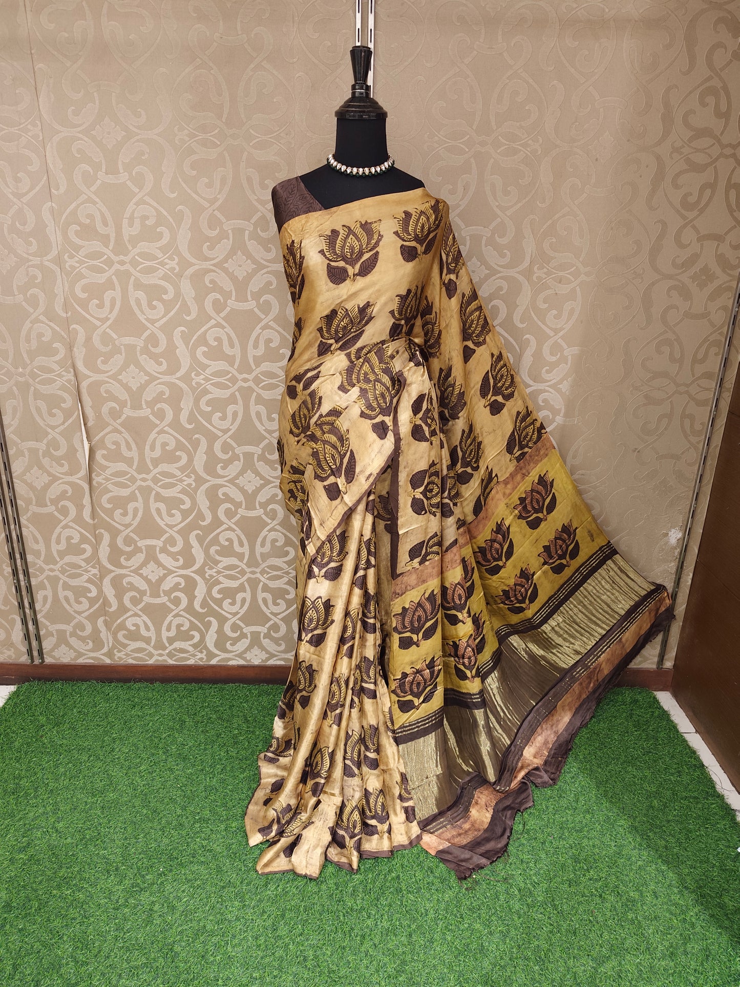 Beige Pure Modal Silk Ajrakh Printed Saree With Unstich Blouse
