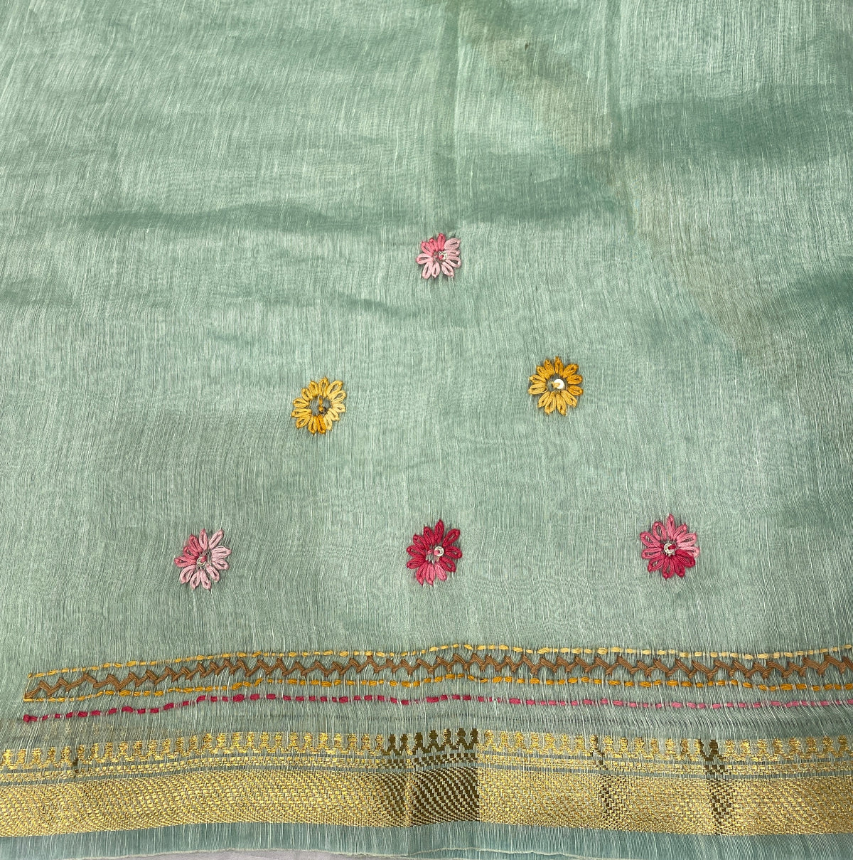 Sea Green Linen Silk Saree Hand Embroidered Work, With Unstiched Blouse