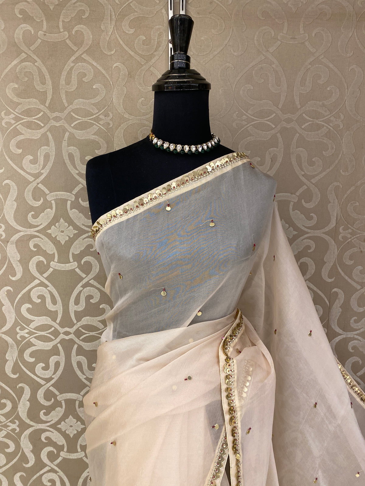 Off-White Organza Silk Embroidery Saree, With Unstiched Blouse