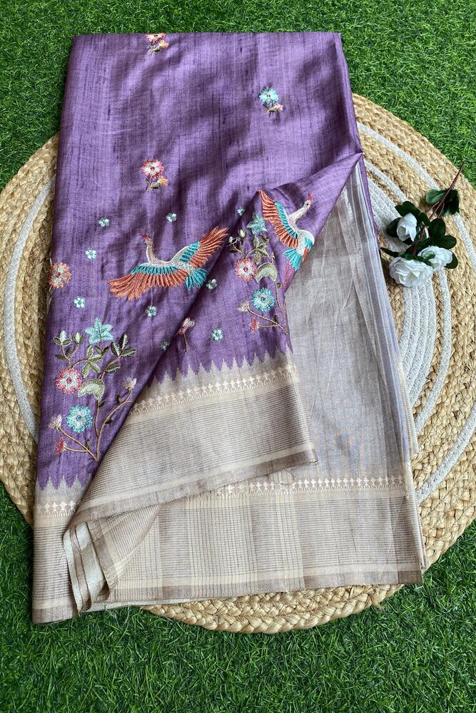 Purple Tussar Cotton Resham Work Saree, With Unstiched Blouse