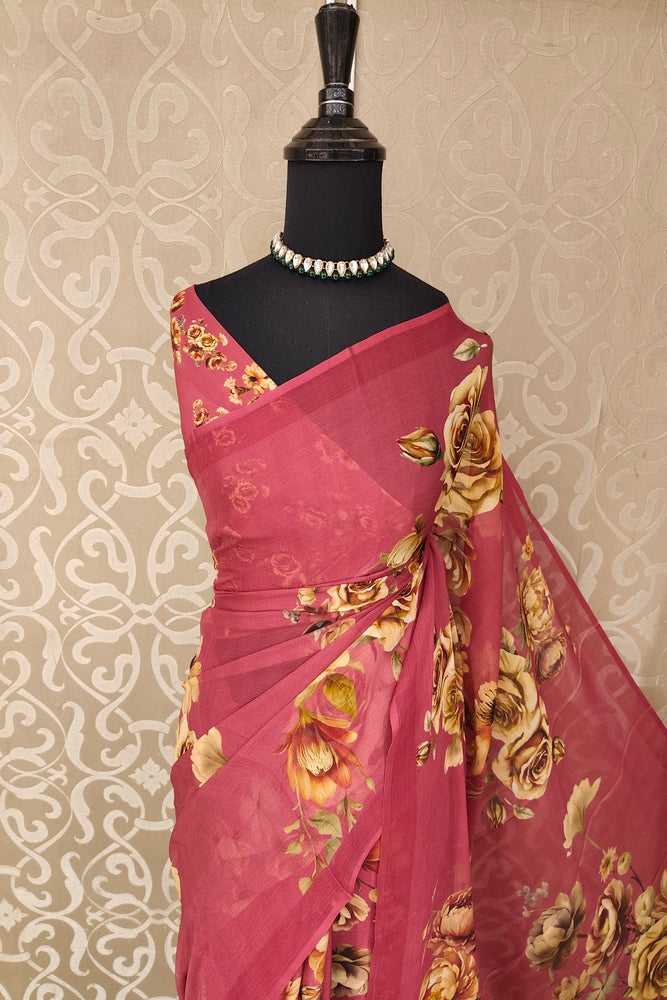 Maroon Floral Printed Chiffon Saree, With Unstiched Blouse Piece