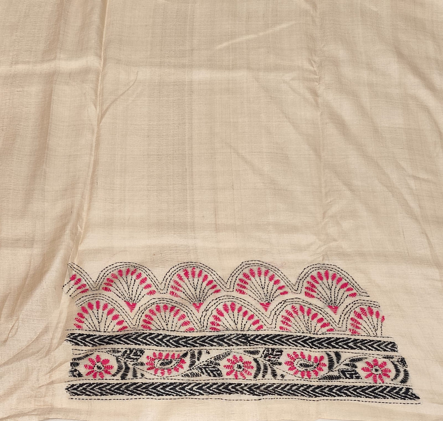 Beige Tussar Embroidery Saree With Kantha Work Border, With Unstitched Blouse