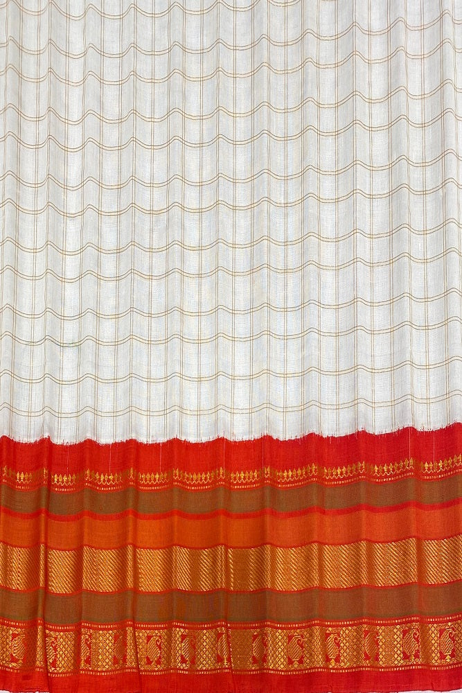 Off-White Sico Gadwal saree by Saarang Sarees with traditional woven pattern and unstiched blouse, elegant Indian ethnic wear