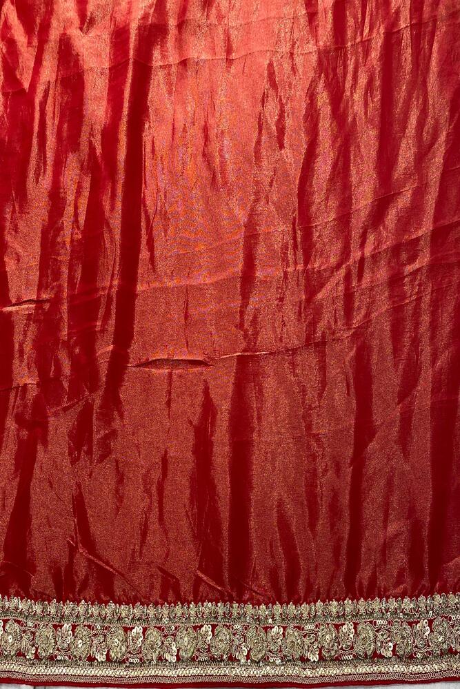 Red Banarasi Silk Saree With Zardosi Embroidery Work, With Unstiched Blouse