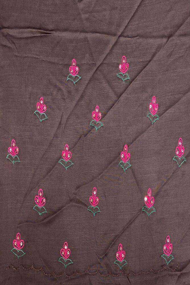 Dark Brown Organza Silk Embroidery Saree, With Unstiched Blouse