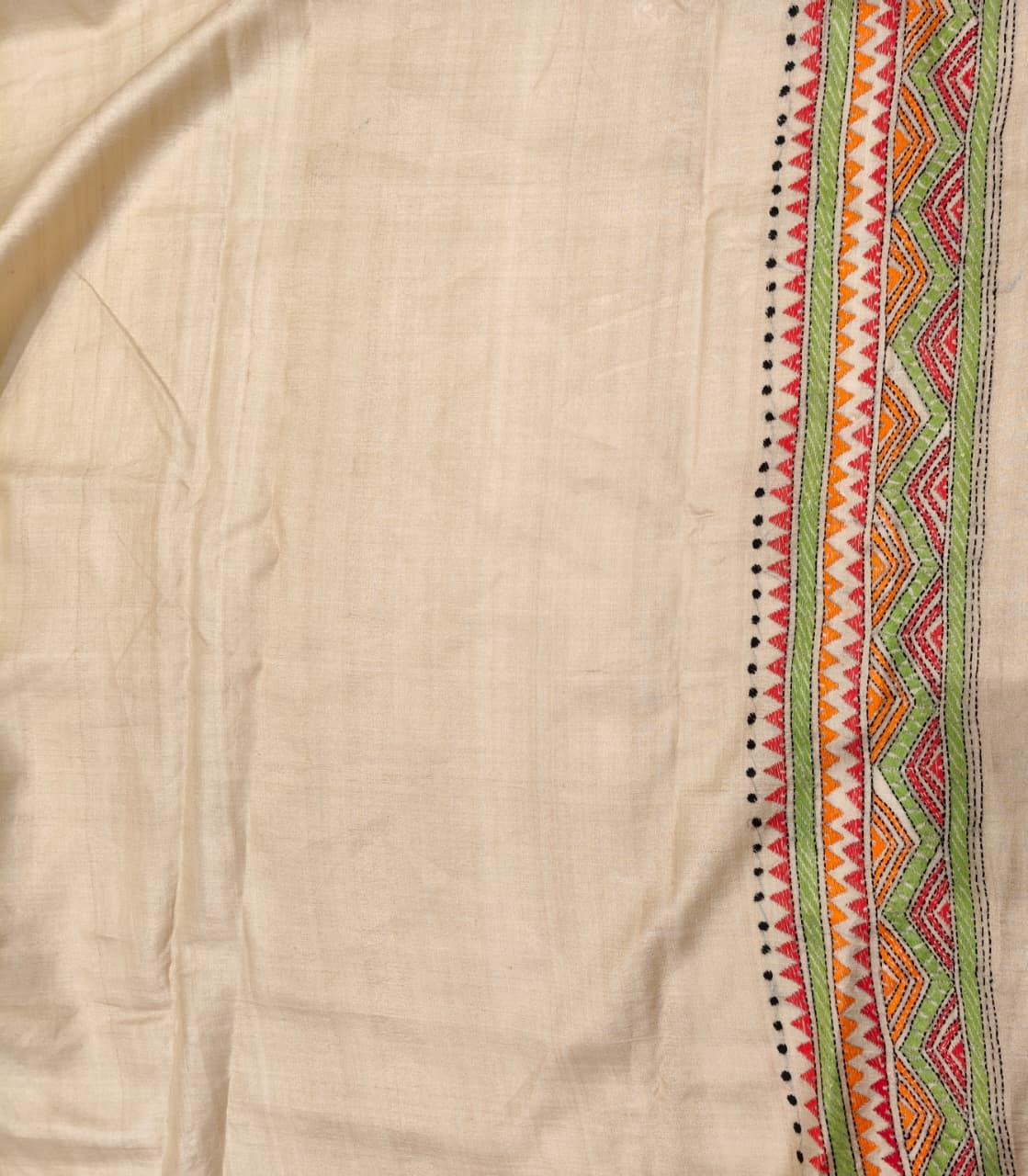 Beige Tussar Embroidery Saree With Kantha Work Border, With Unstitched Blouse