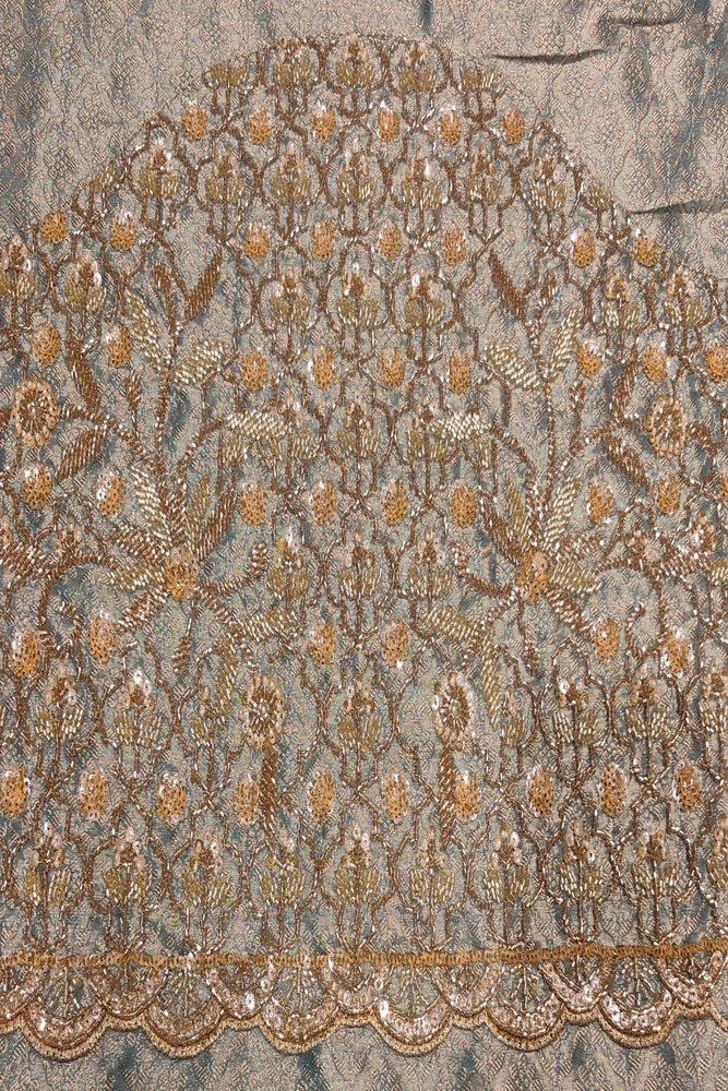 Grey Tissue Kanjeevaram Silk Sarees With Embroidery Work, With Unstiched Blouse