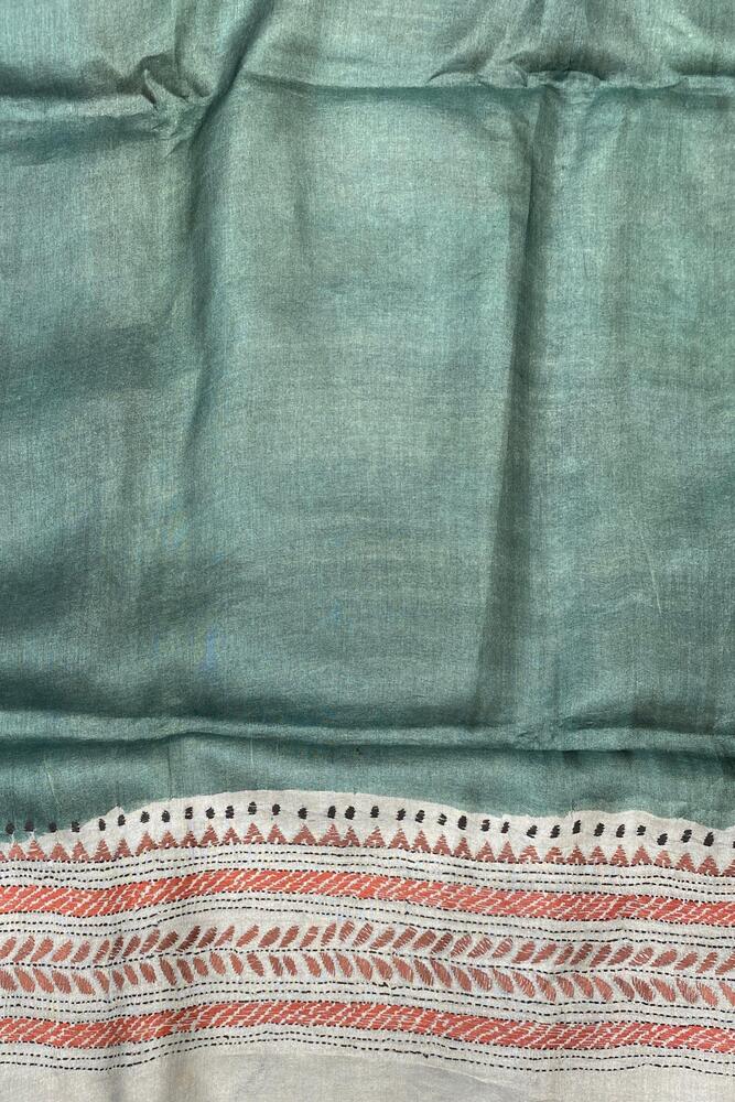 Dark Teal Blue Tussar Embroidery Saree With Kantha Work Border, With Unstitched Blouse