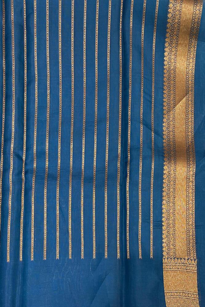 Blue Brocade Kora Banarasi Silk Saree, With Unstiched Blouse