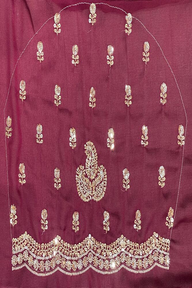 Wine Georgette Embroidery Work Saree, With Unstiched Blouse