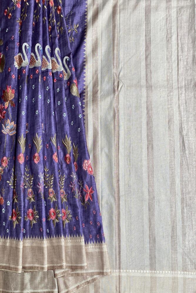 Purple Blue Tussar Cotton Resham Work Saree, With Unstiched Blouse