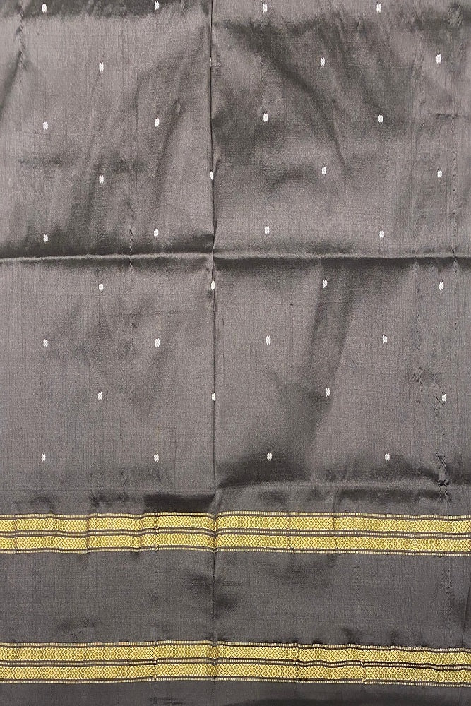 Off-White Pochampally Ikat silk saree with traditional design and unstiched blouse, crafted by Saarang Sarees, shown draped on a model.