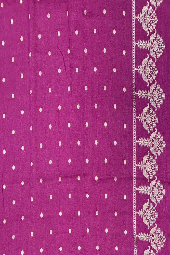 Lavender and purple Munga Banarasi silk saree with intricate gold zari work, paired with an unstiched blouse for traditional wear.