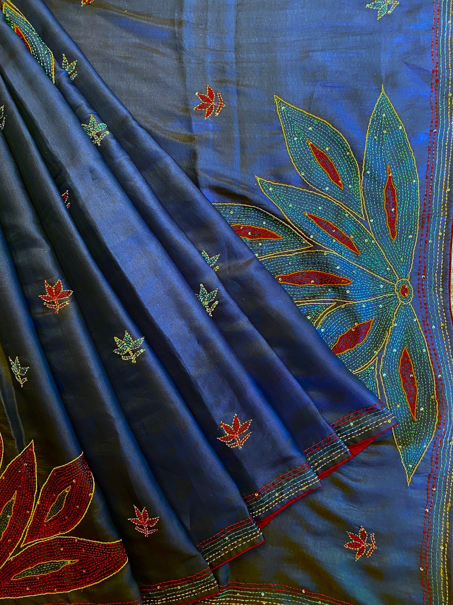 Navy Blue Semi Munga Silk French Knot Hand Embroidery Work Saree, With Unstiched Blouse
