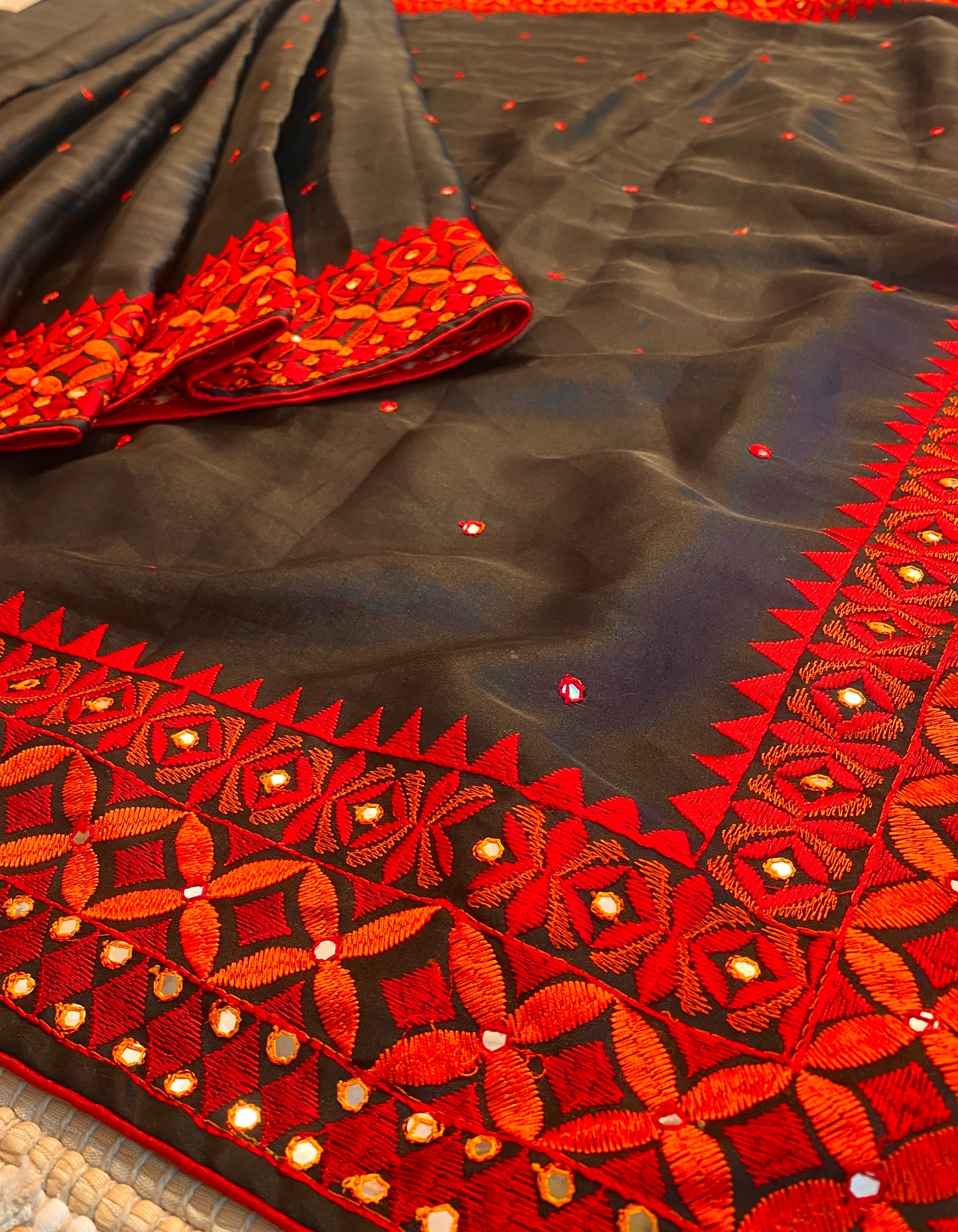 Black Semi Munga Silk Cross Stitch Embroidery Work Saree, With Unstiched Blouse