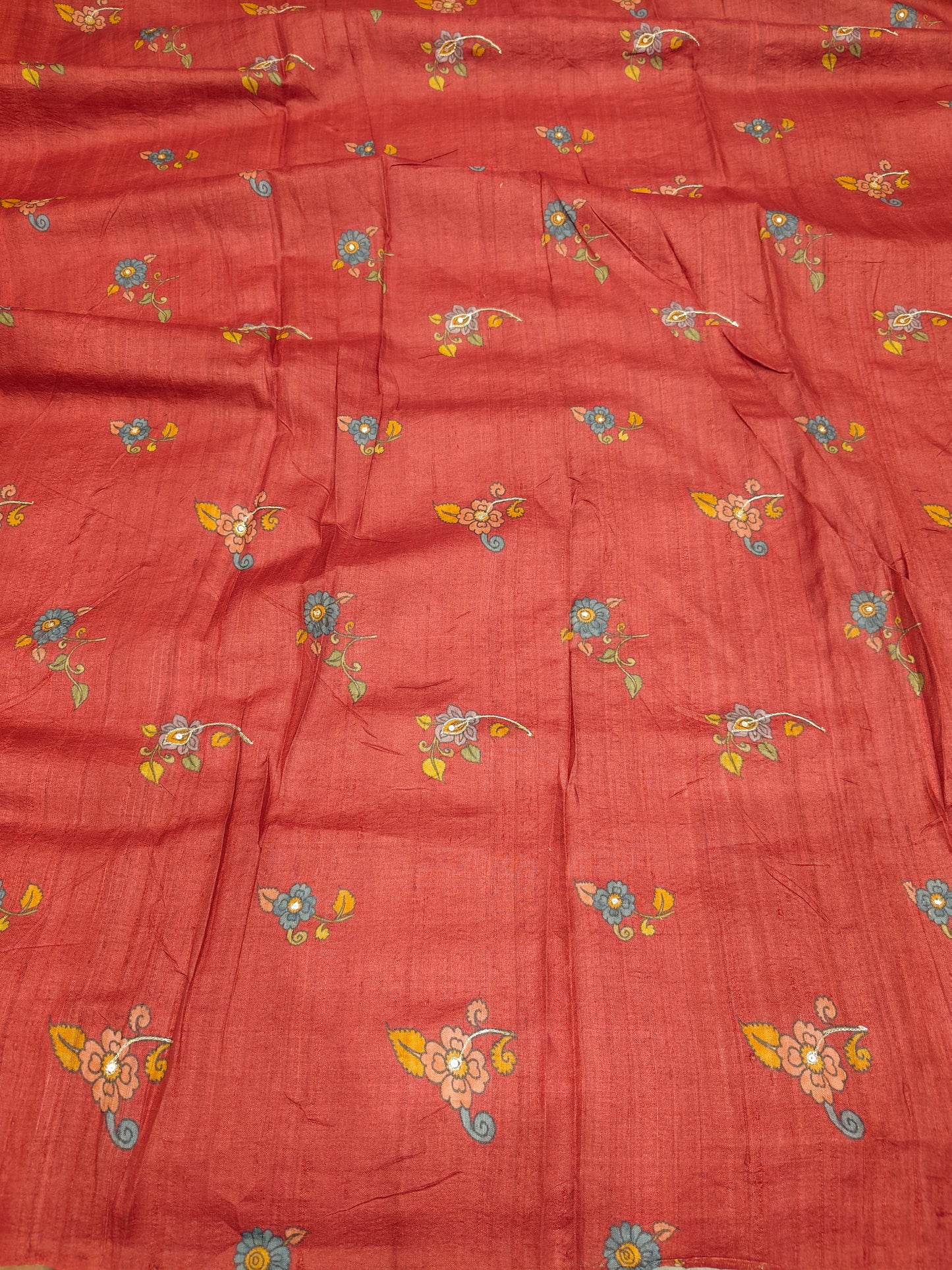 Maroon Tussar Kalamkari Printed Work Saree, With Unstiched Blouse