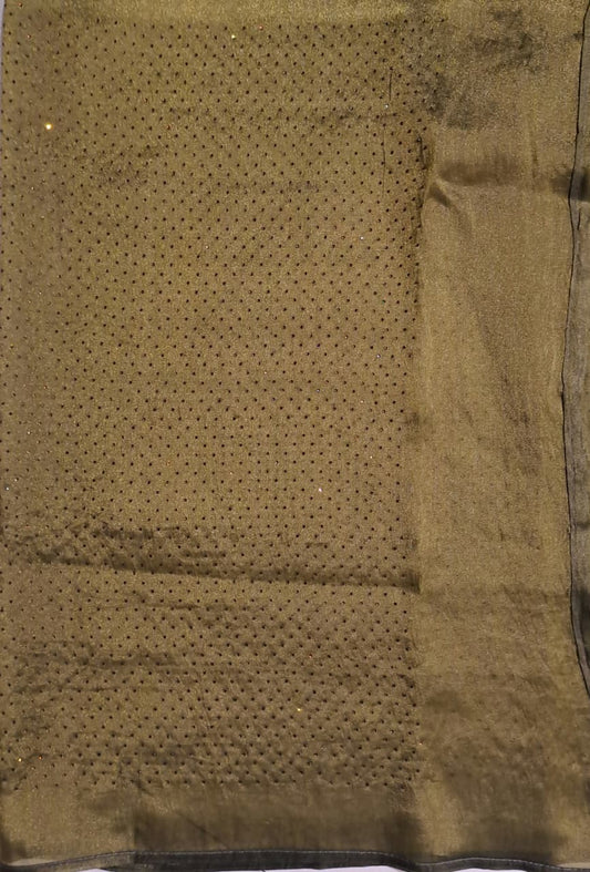 Green tissue crepe silk saree with stone work and unstiched blouse, perfect for party wear by Saarang Sarees.