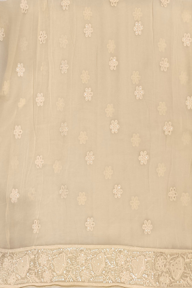 Off-White Georgette Saree With Chikankari Embroidery, Unstitched Blouse